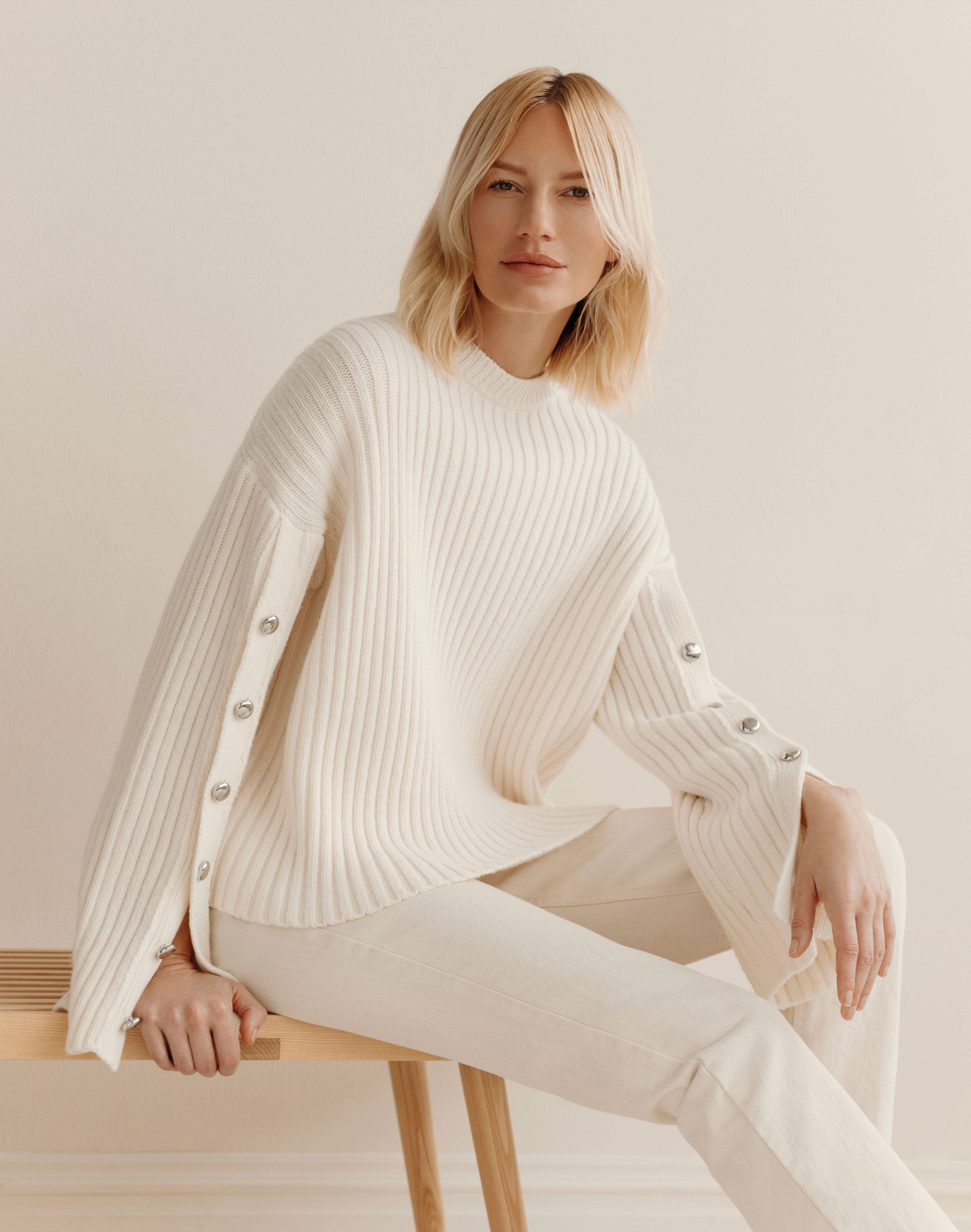 Merino Wool-Cashmere Button Sleeve Sweater