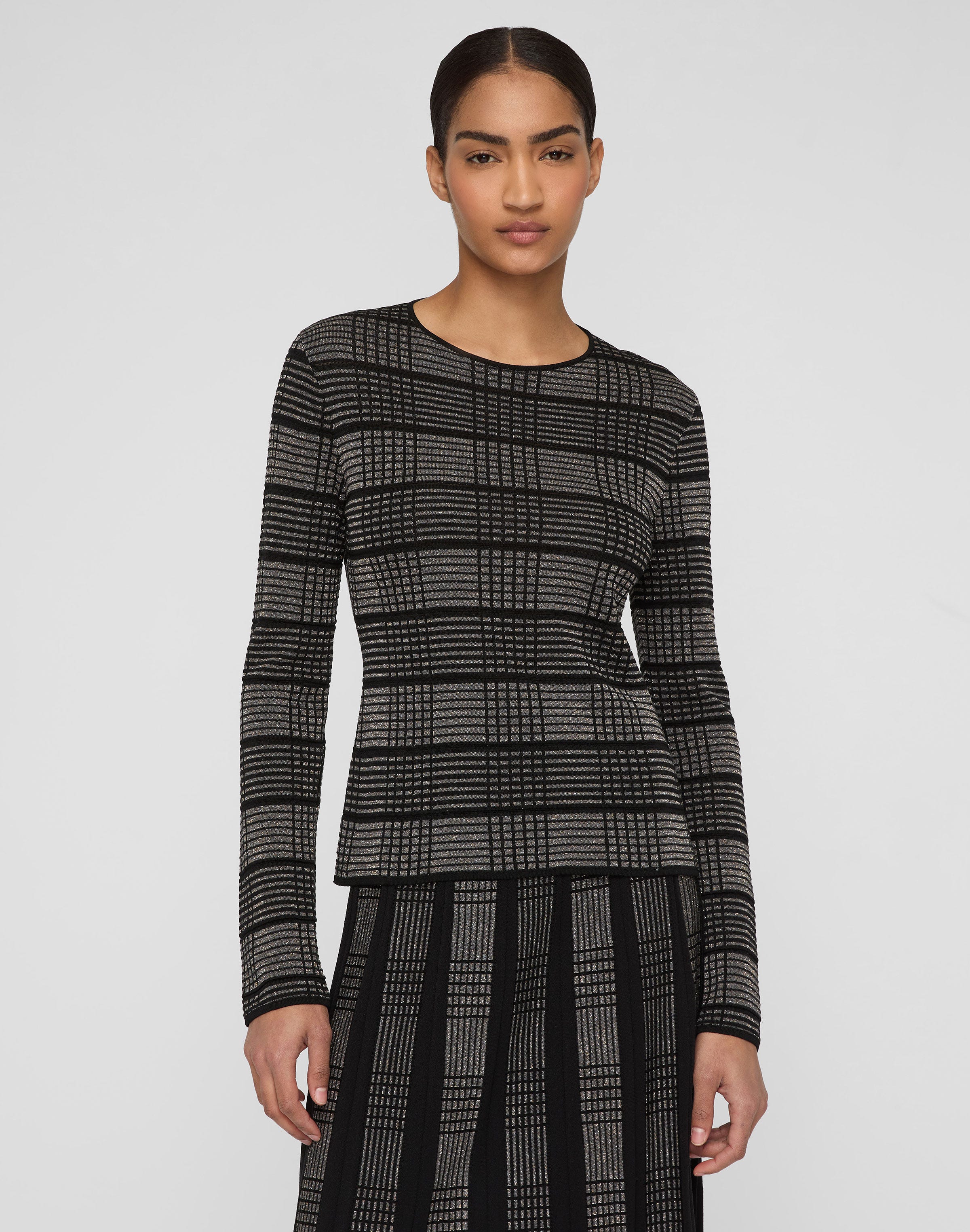 Metallic Check Finespun Voile Crewneck Sweater