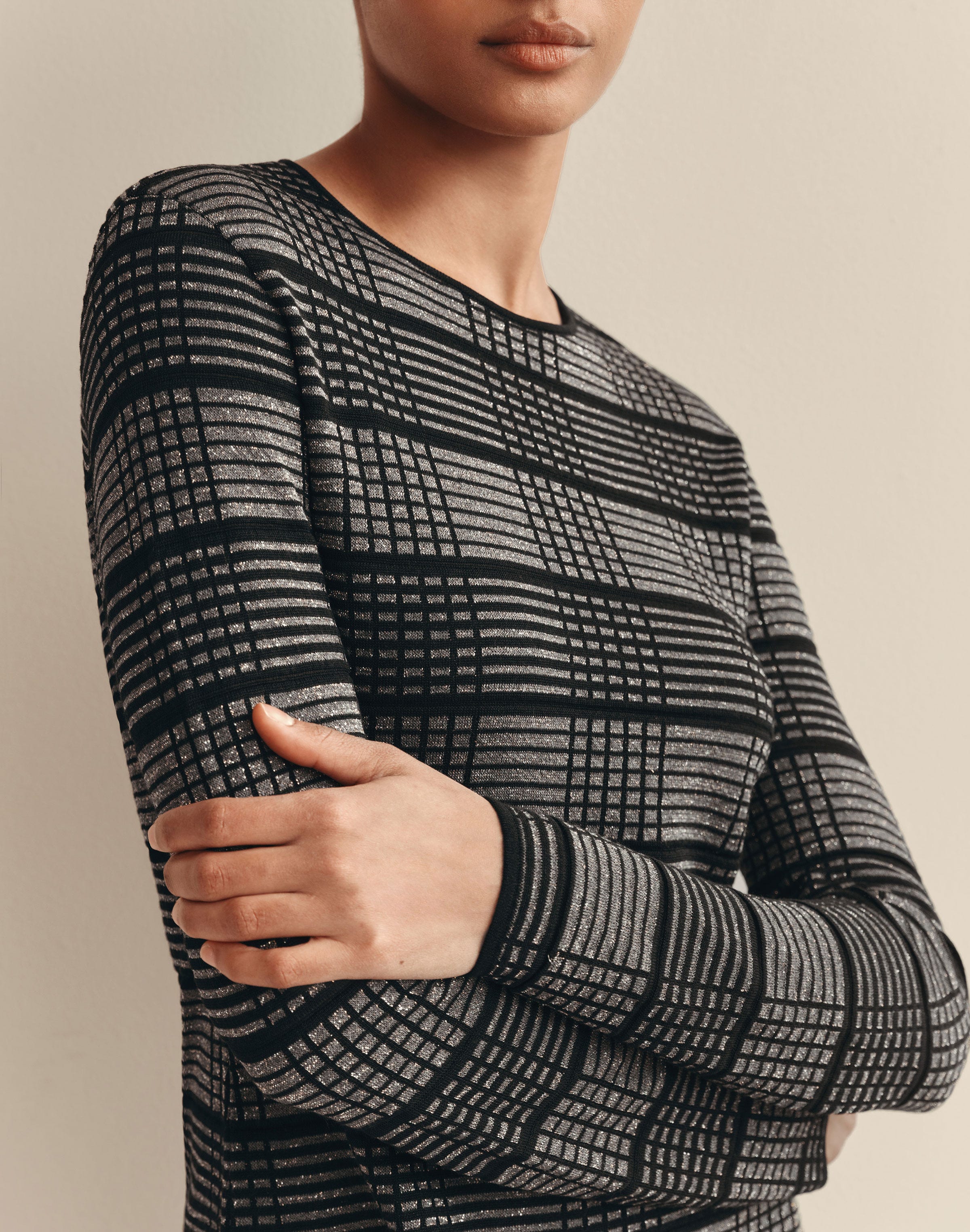 Metallic Check Finespun Voile Crewneck Sweater