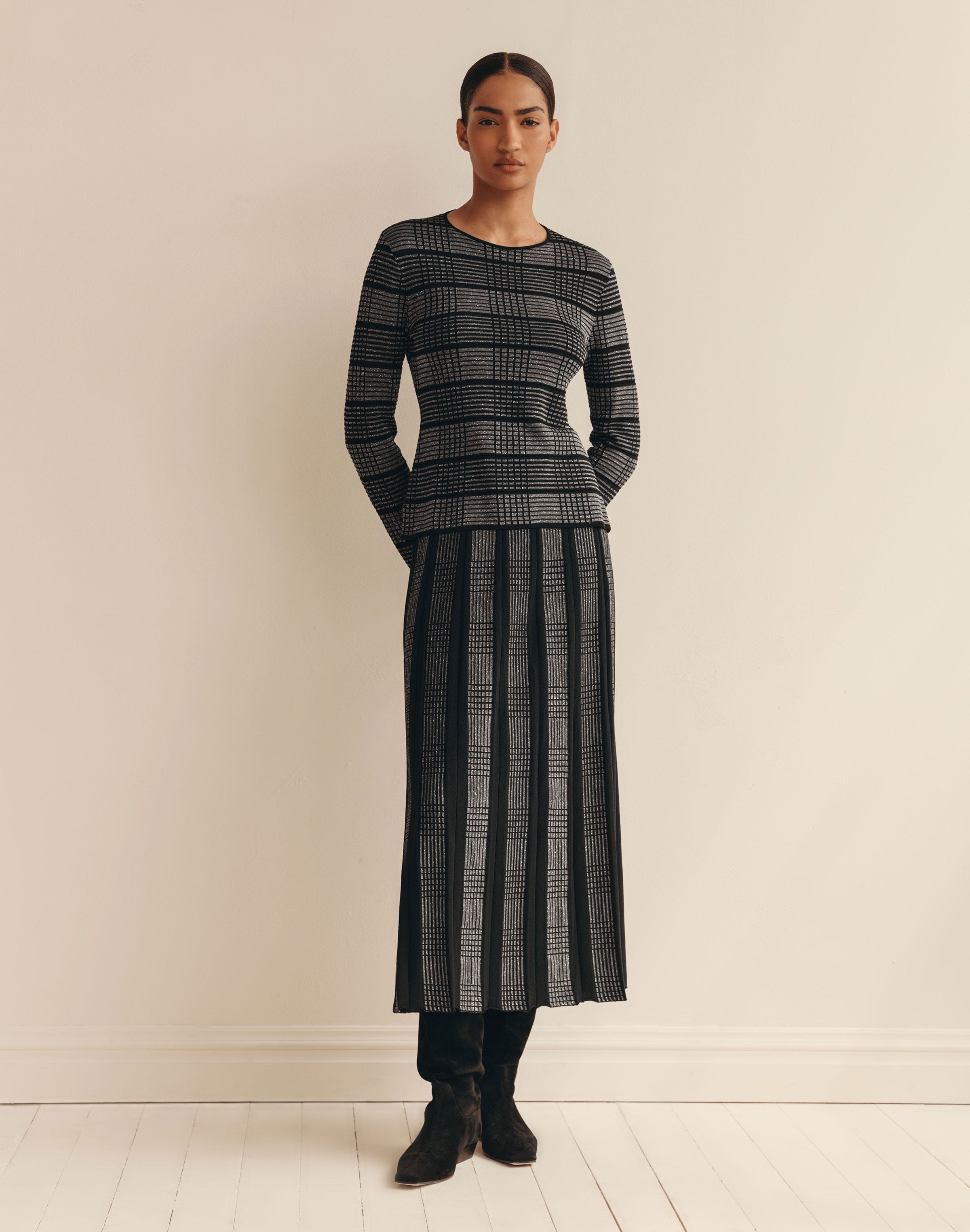 Metallic Check Finespun Voile Crewneck Sweater