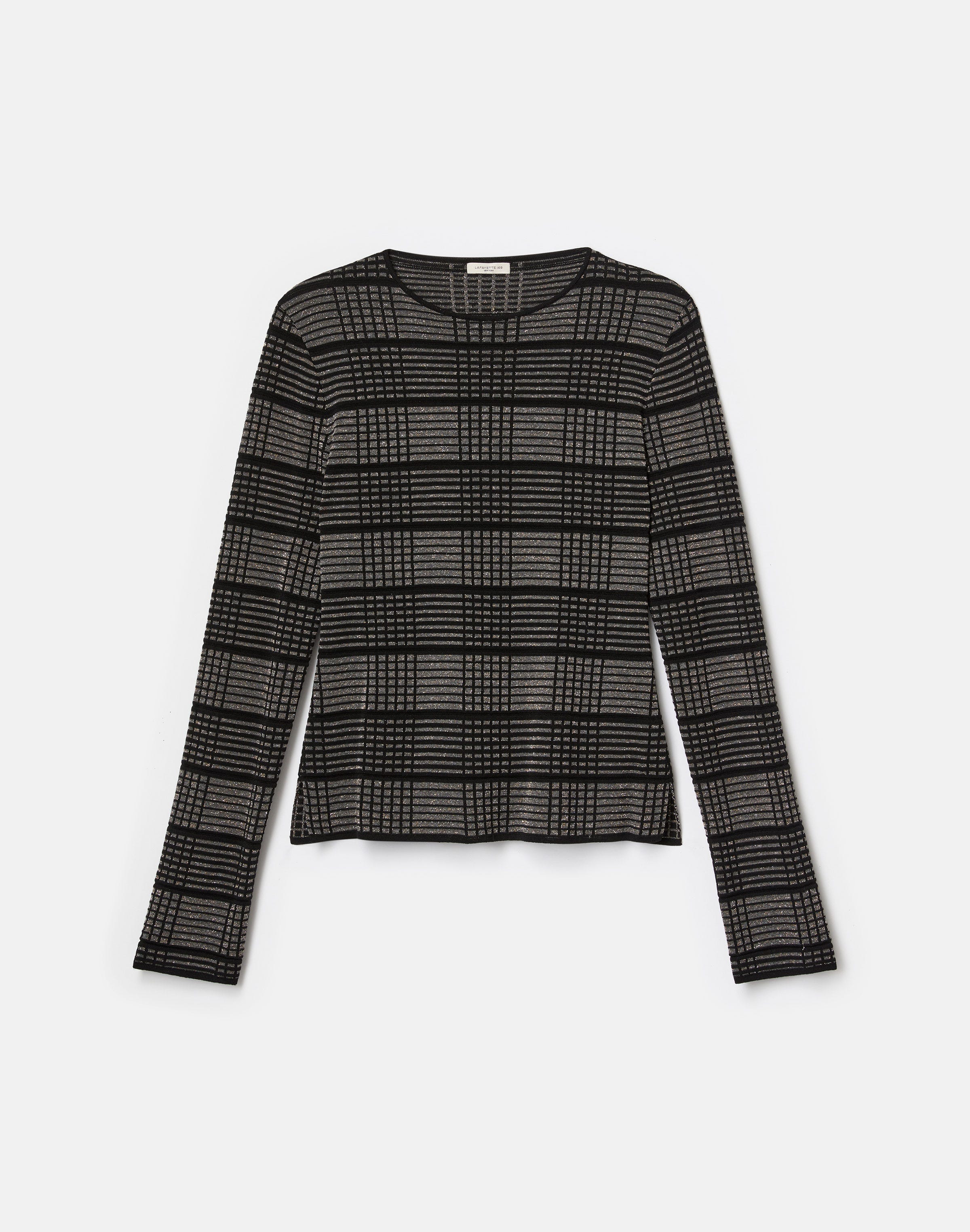 Metallic Check Finespun Voile Crewneck Sweater