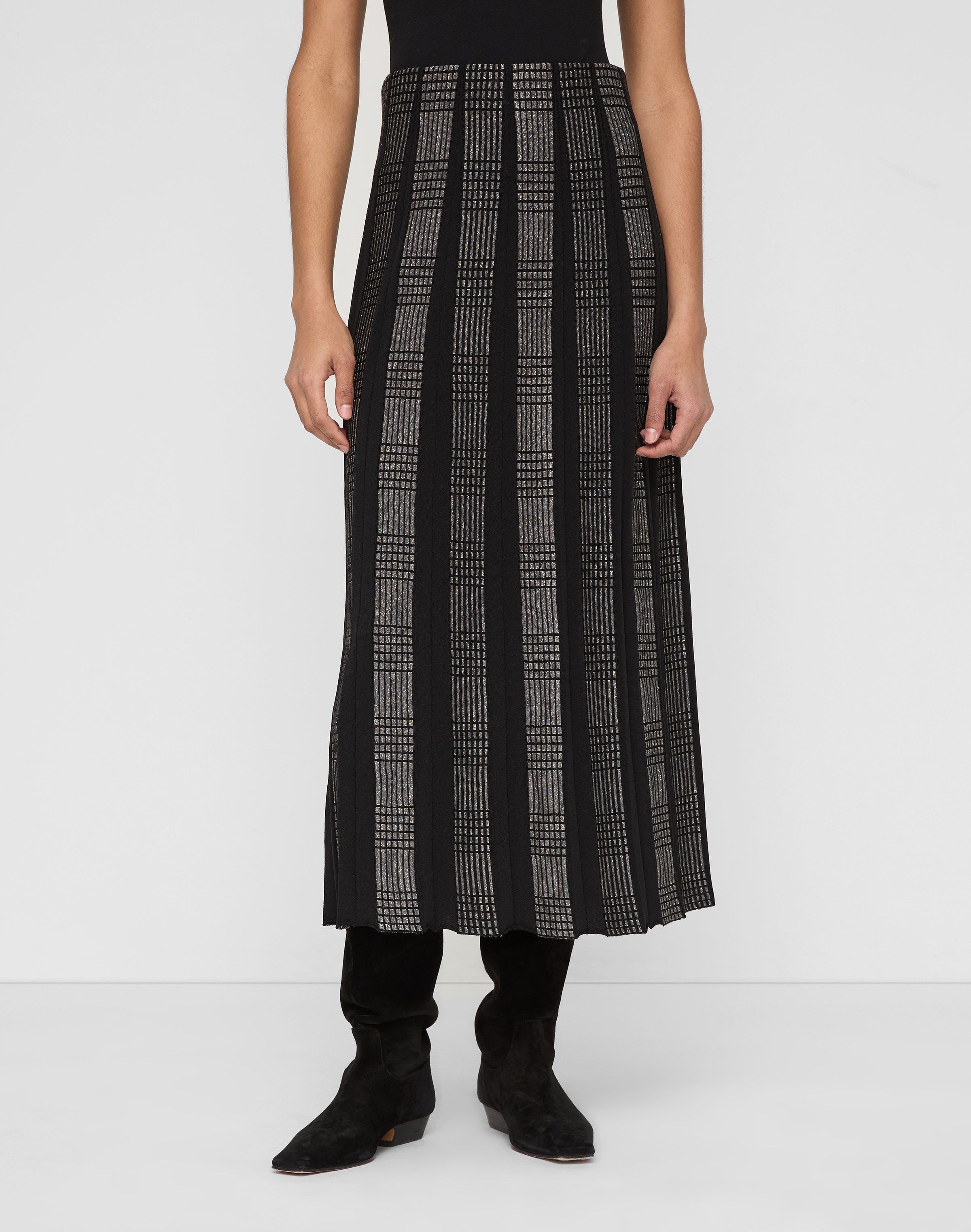 Metallic Check Finespun Voile Knit Pleated Skirt