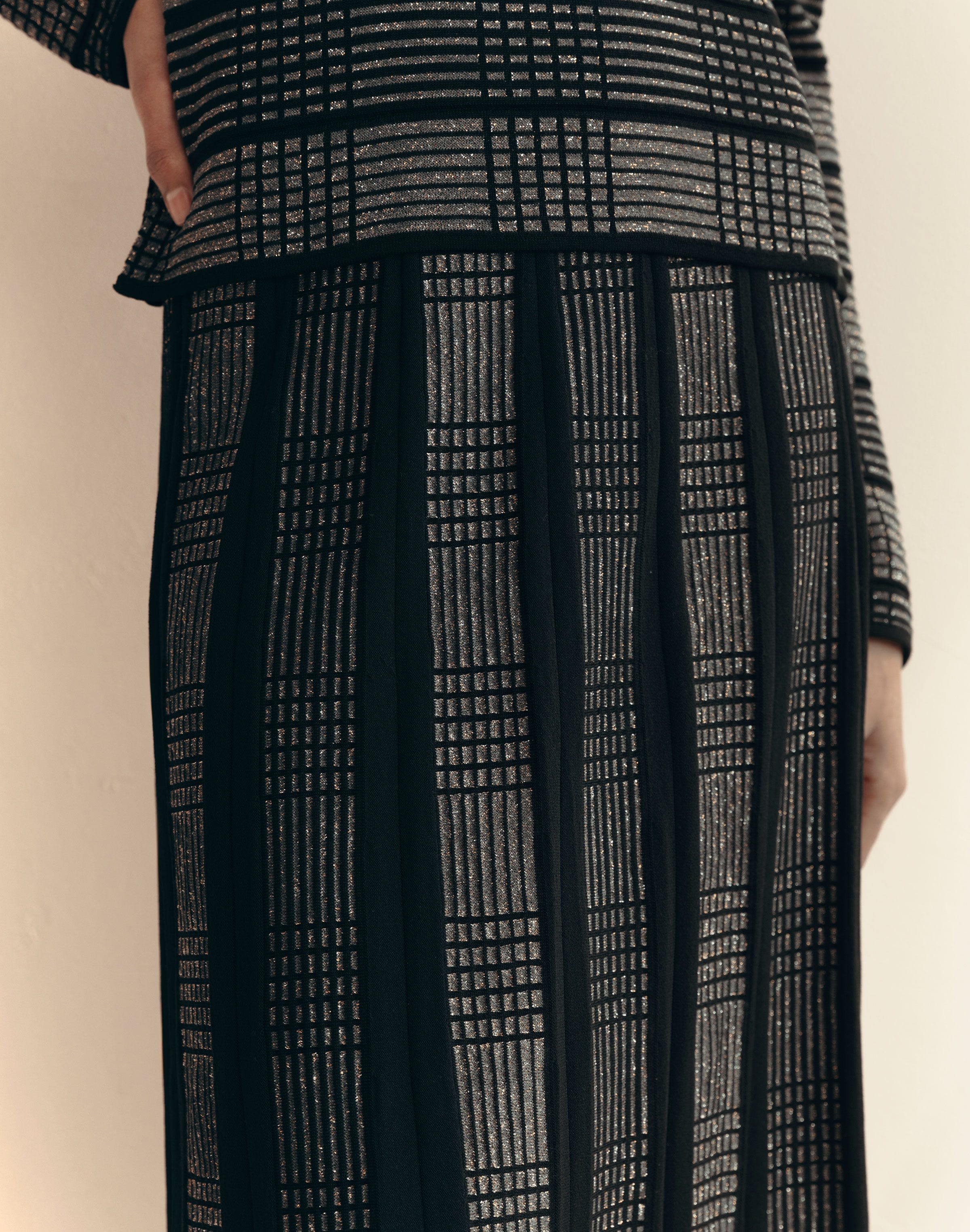 Metallic Check Finespun Voile Knit Pleated Skirt