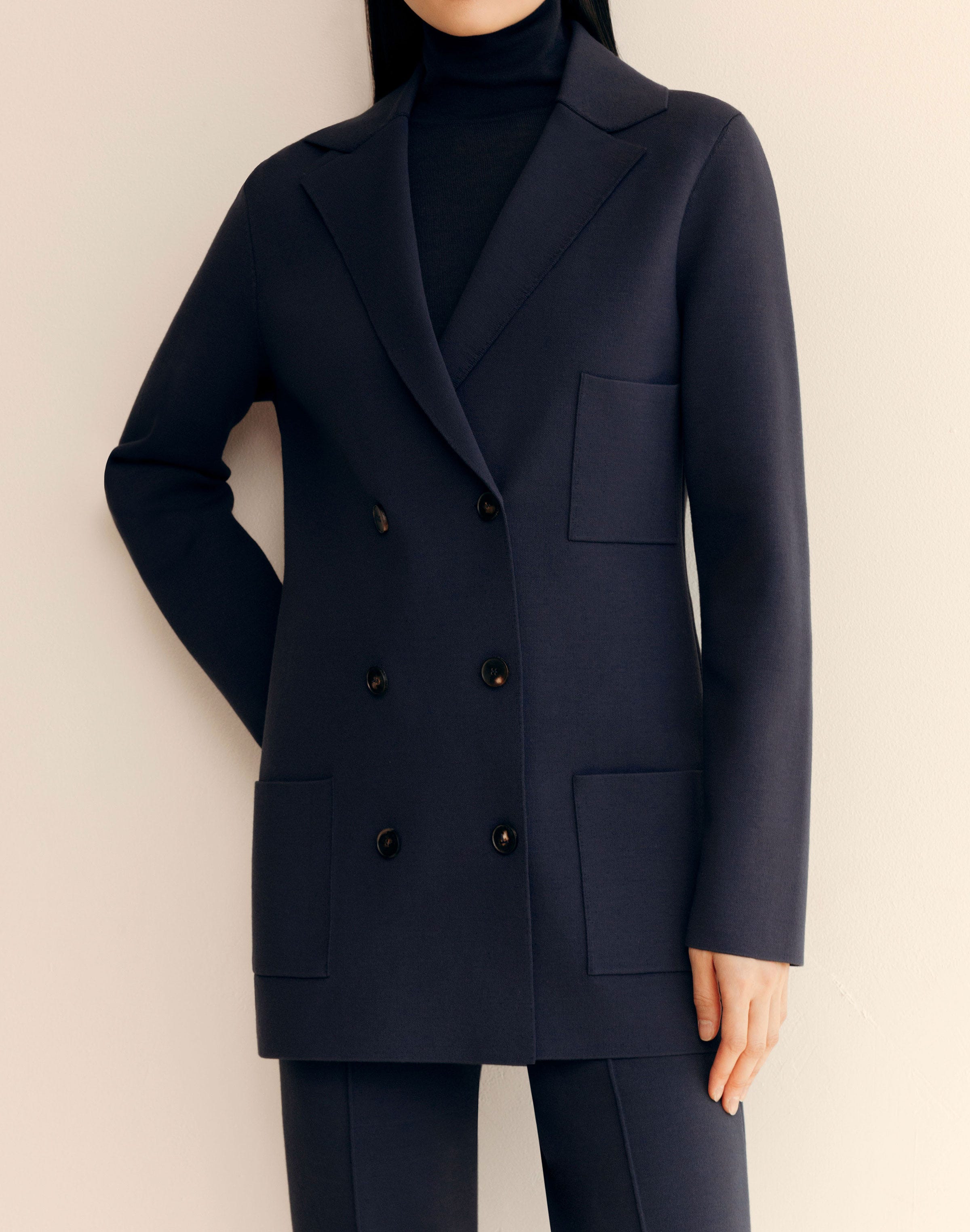 Responsible Matte Crepe Knit Double Breasted Blazer
