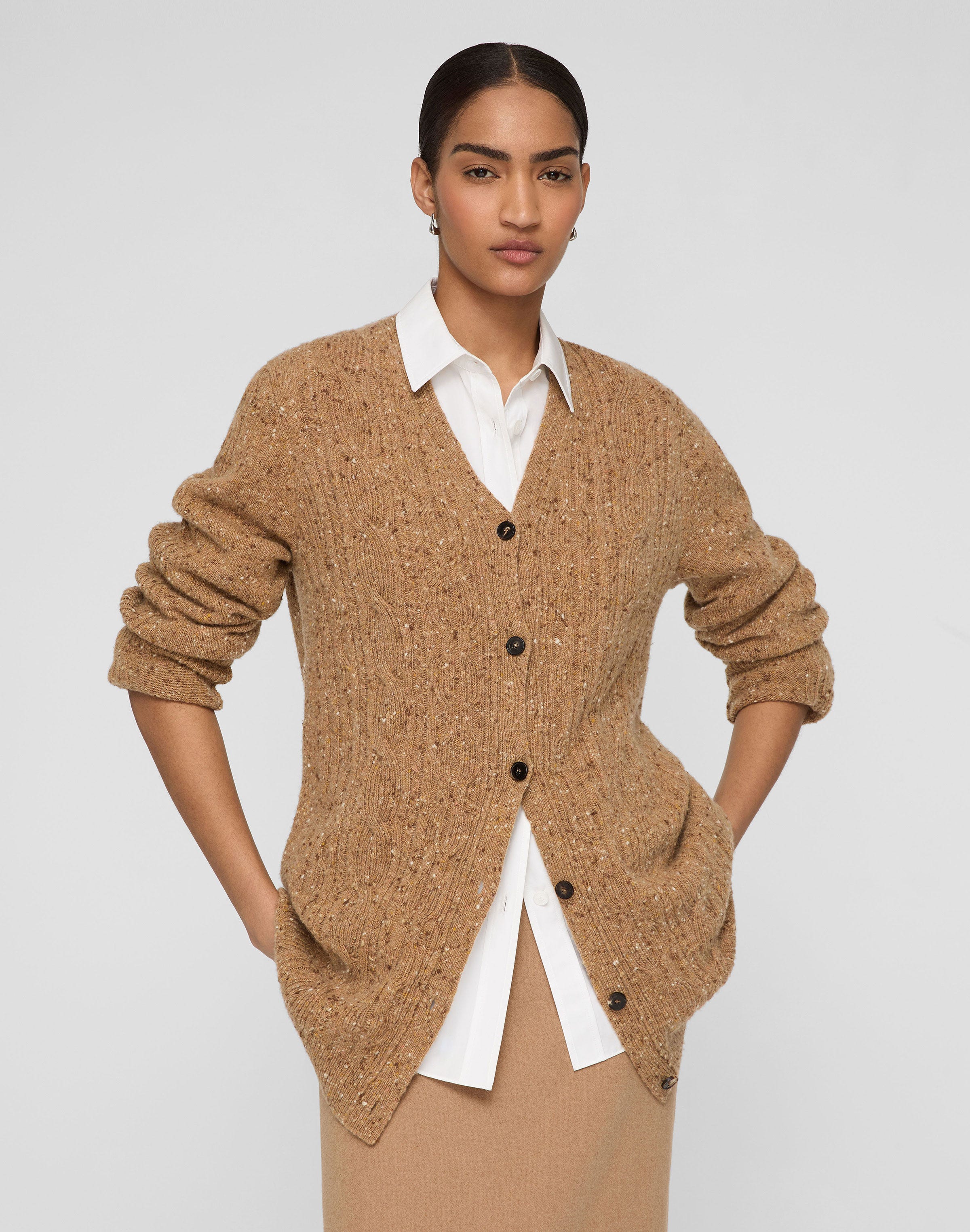 Cashmere Donegal Cable Knit Button Front Cardigan