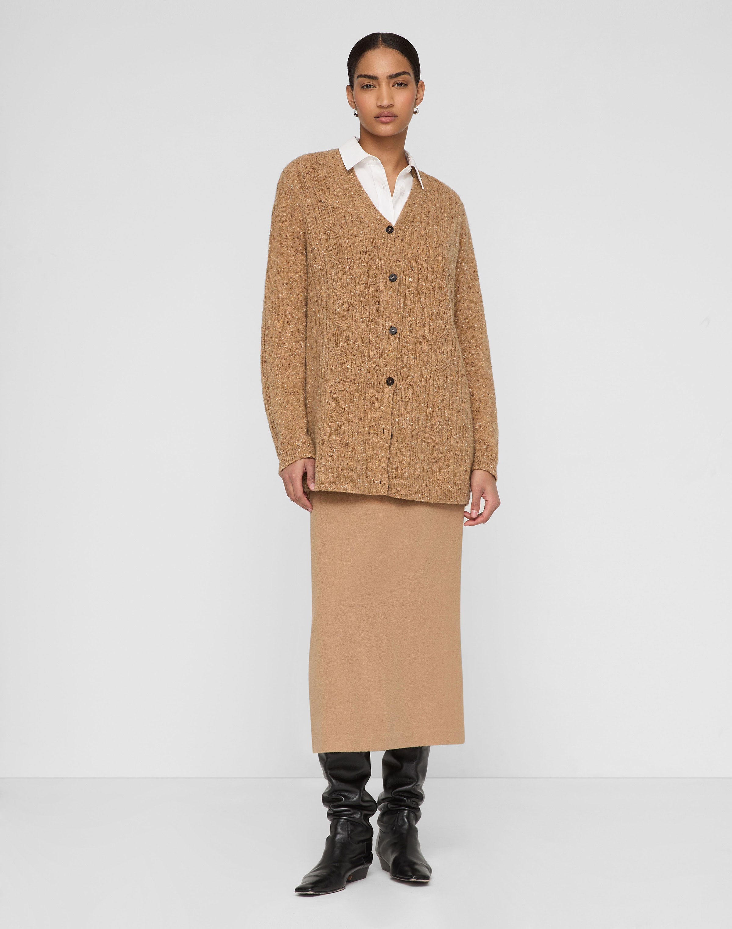 Cashmere Donegal Cable Knit Button Front Cardigan
