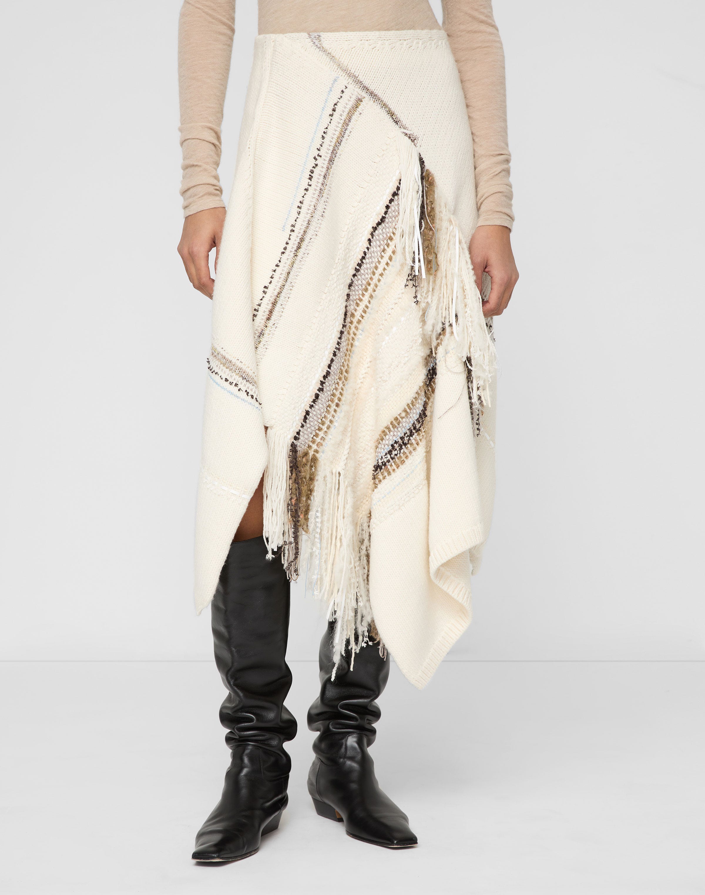 Merino Wool-Cashmere Knit & Handwoven Fringe Skirt