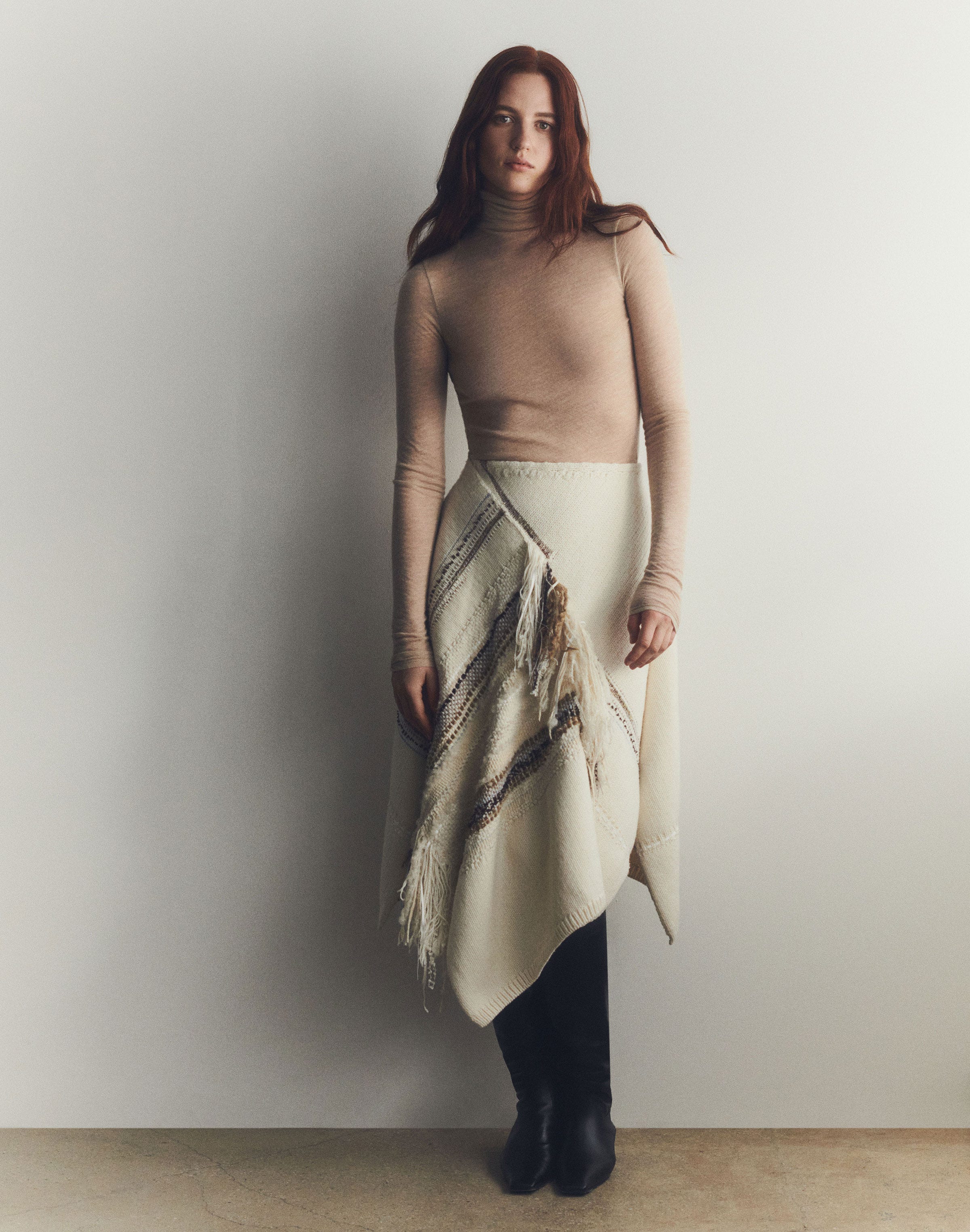Merino Wool-Cashmere Knit & Handwoven Fringe Skirt