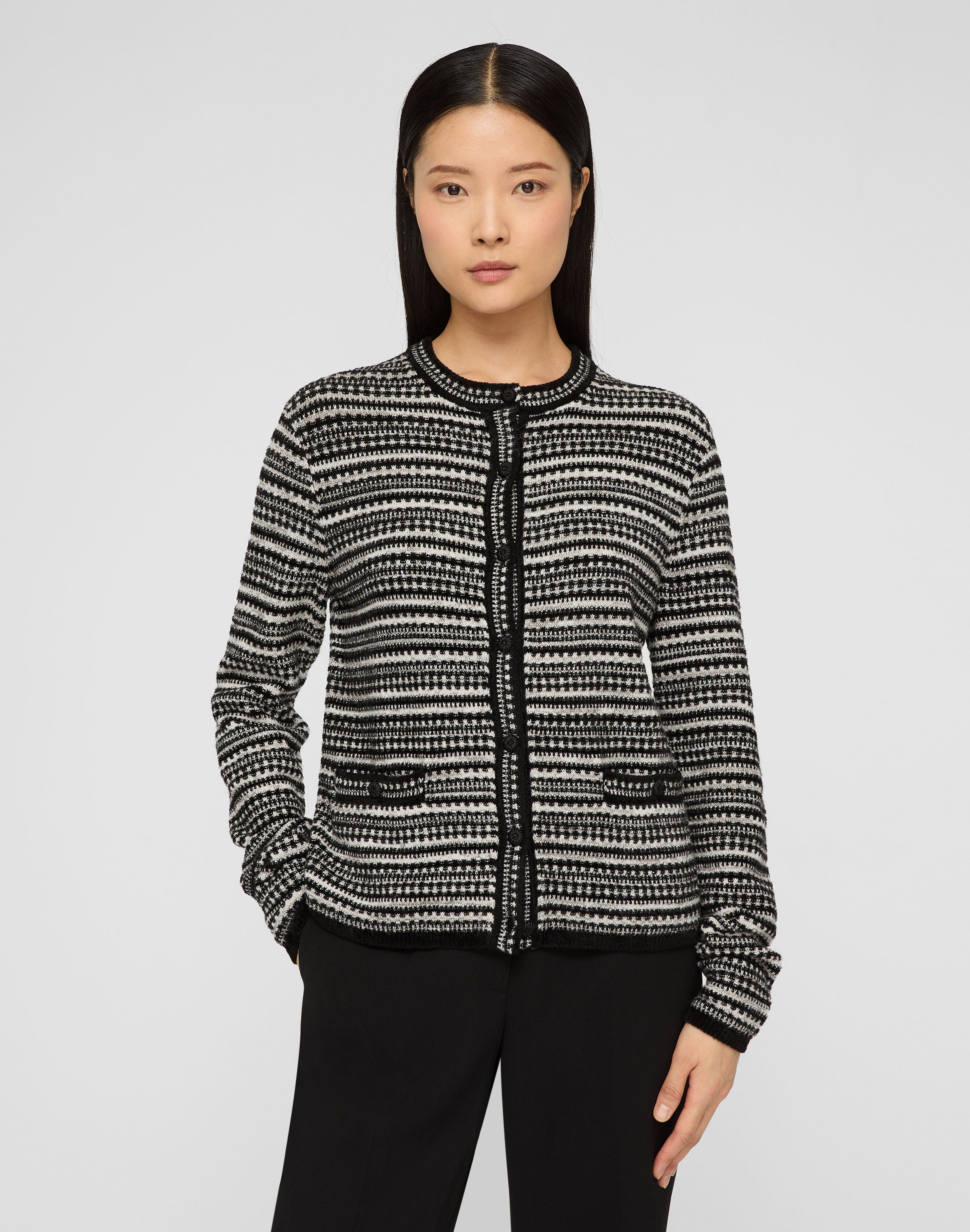 Velour-Wool Mixed Stitch Button Cardigan