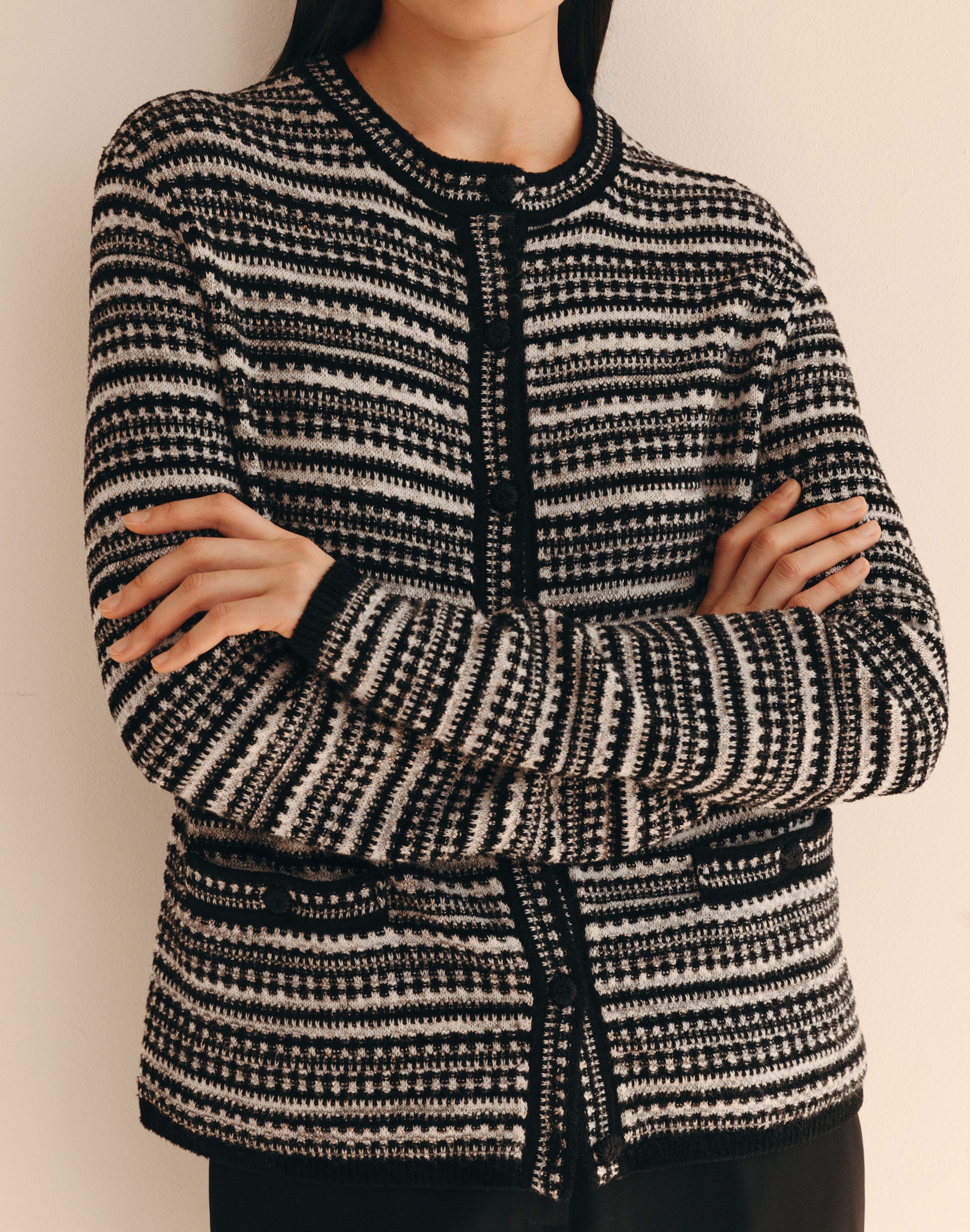 Velour-Wool Mixed Stitch Button Cardigan