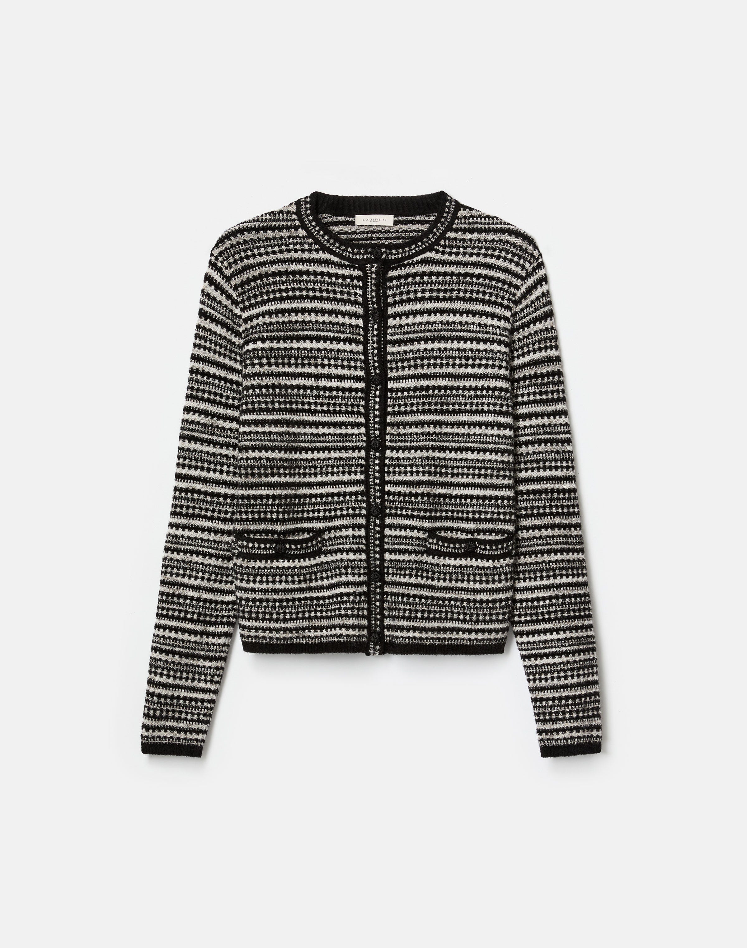 Velour-Wool Mixed Stitch Button Cardigan