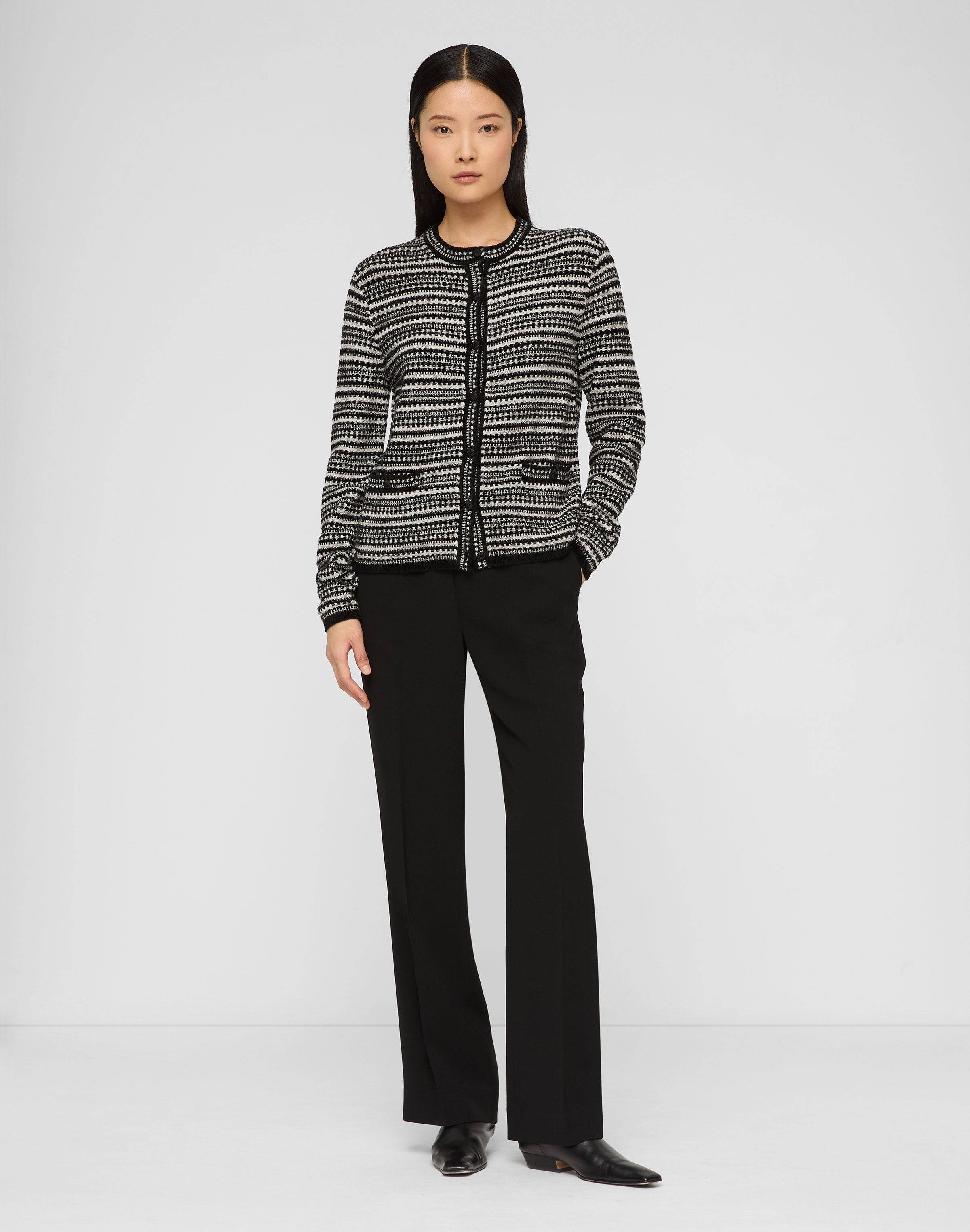 Velour-Wool Mixed Stitch Button Cardigan
